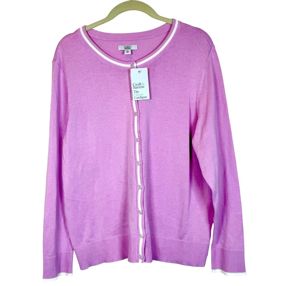 Croft & Barrow Lilac Pink White Tipped Classic Cardigan Sweater XL  NWT